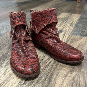 Free People Leather Red Snake Print Ankle Boots